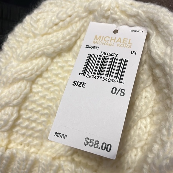 Michael Michael Kors ivory cableknit hat with gold logo bar, new main image 7